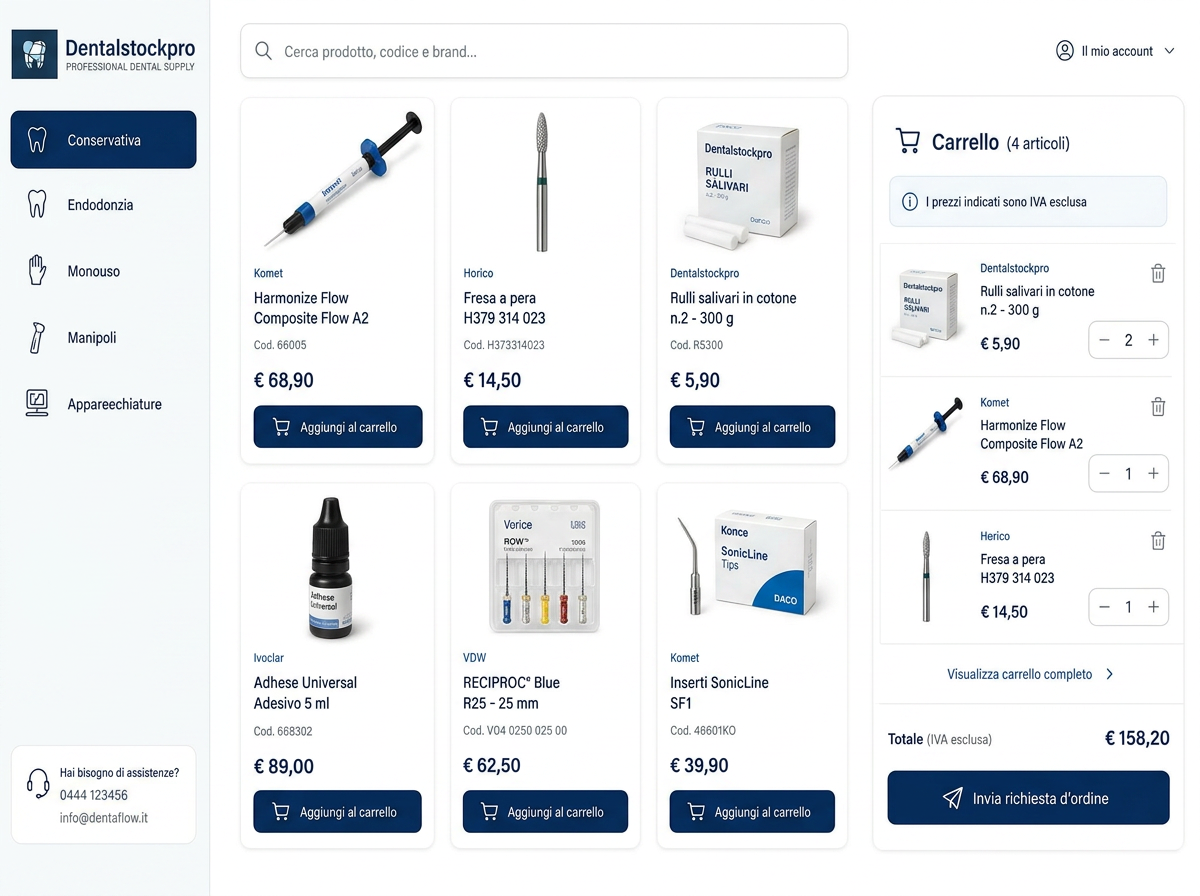 Catalogo prodotti del gestionale Dentalstockpro con carrello e invio richiesta d'ordine